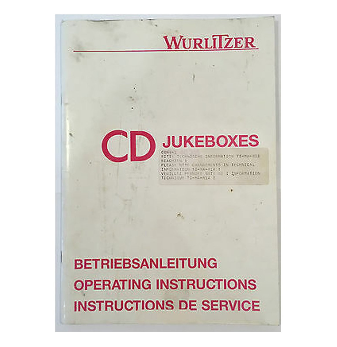 Wurlitzer CD Jukeboxes Operating Instructions SCC 40 315
