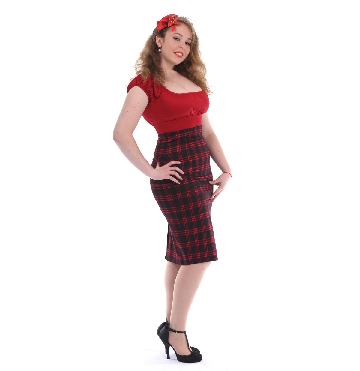 Collectif Fiona Pencil Skirt, Black/Red Check