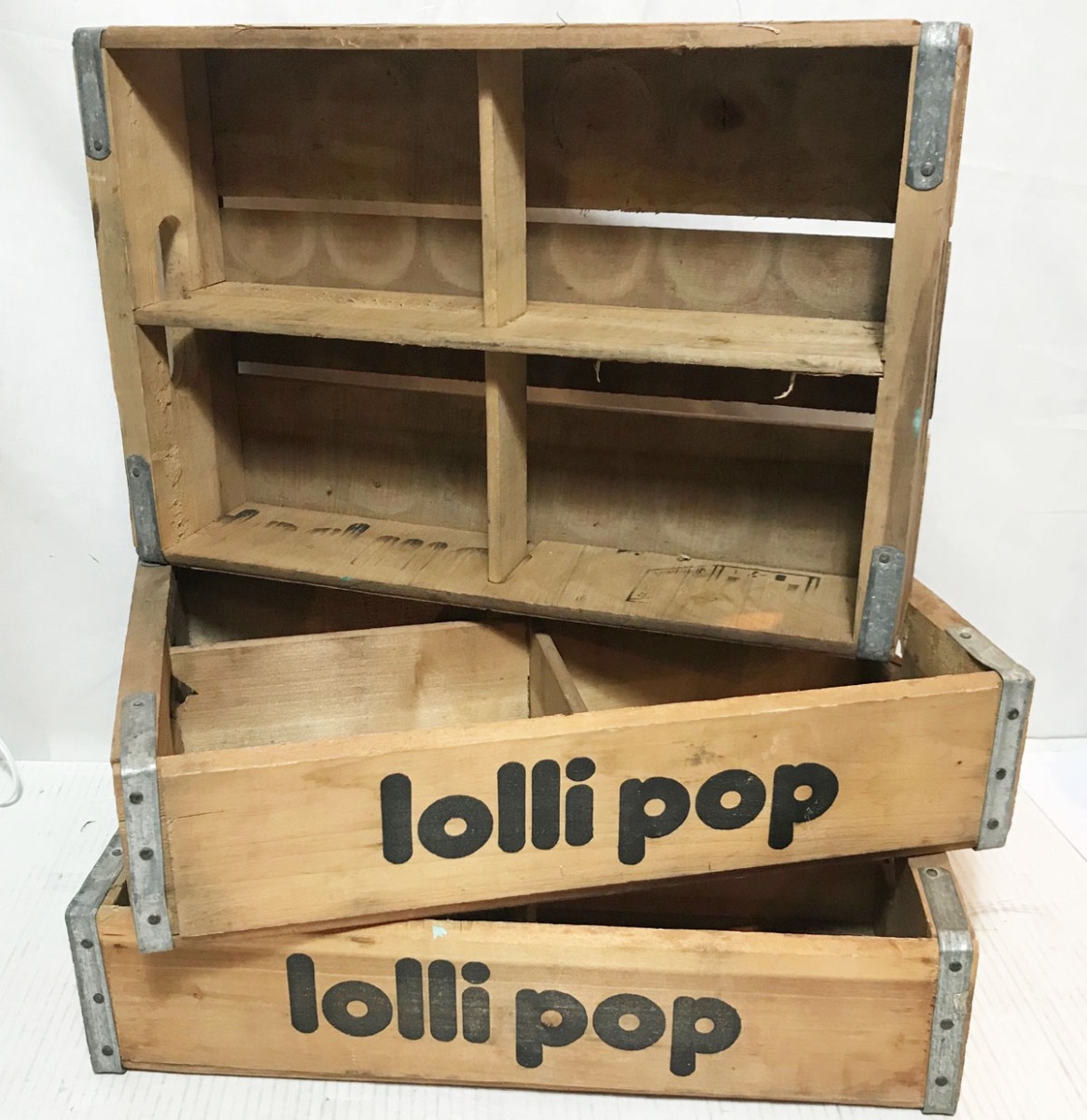 Originele Vintage Houten Lolli Pop Flessenkrat