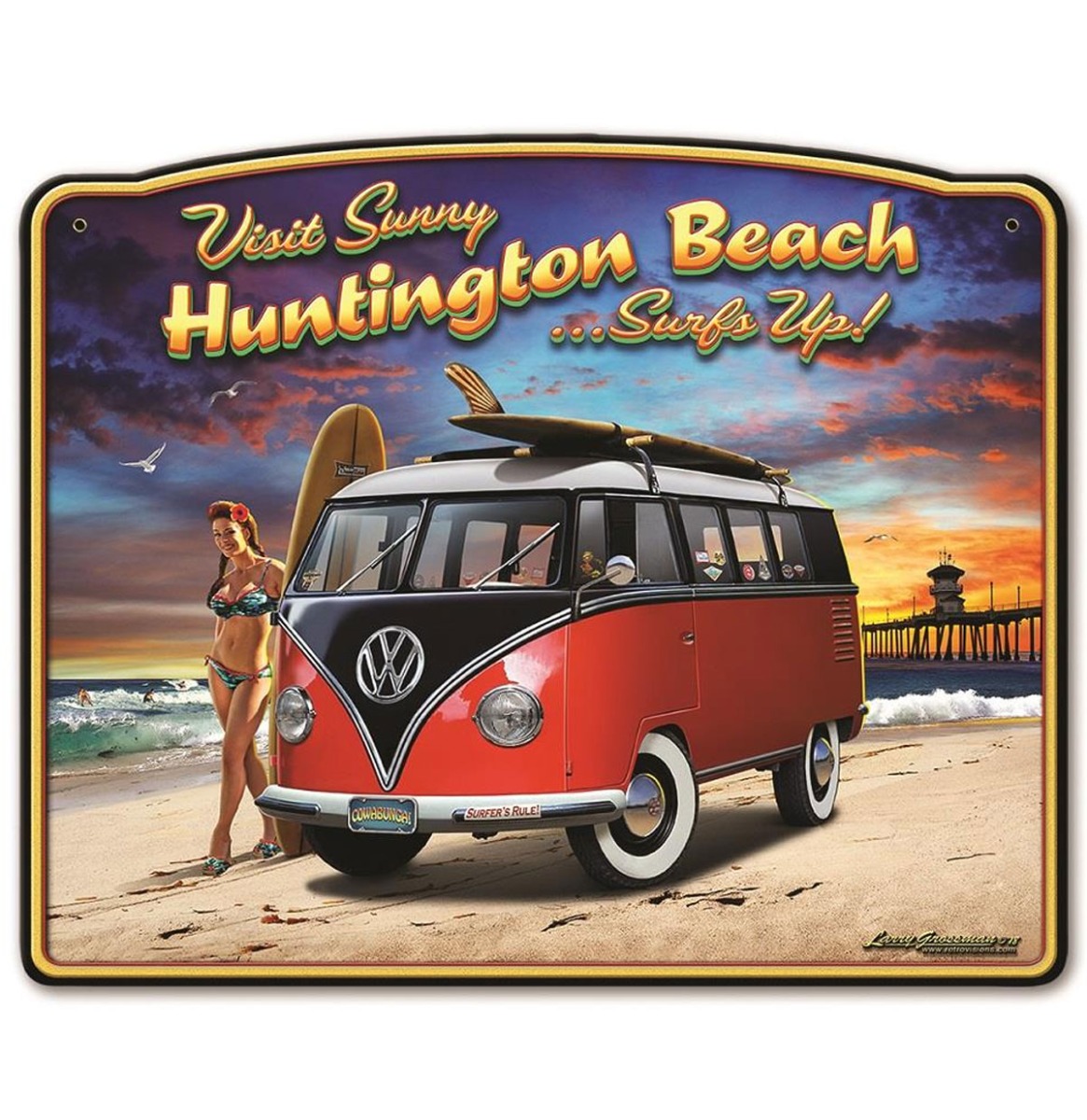 Visit Sunny Huntington Beach, Surf's Up! Zwaar Metalen Bord - Dubbel Laags - 37 x 45 cm